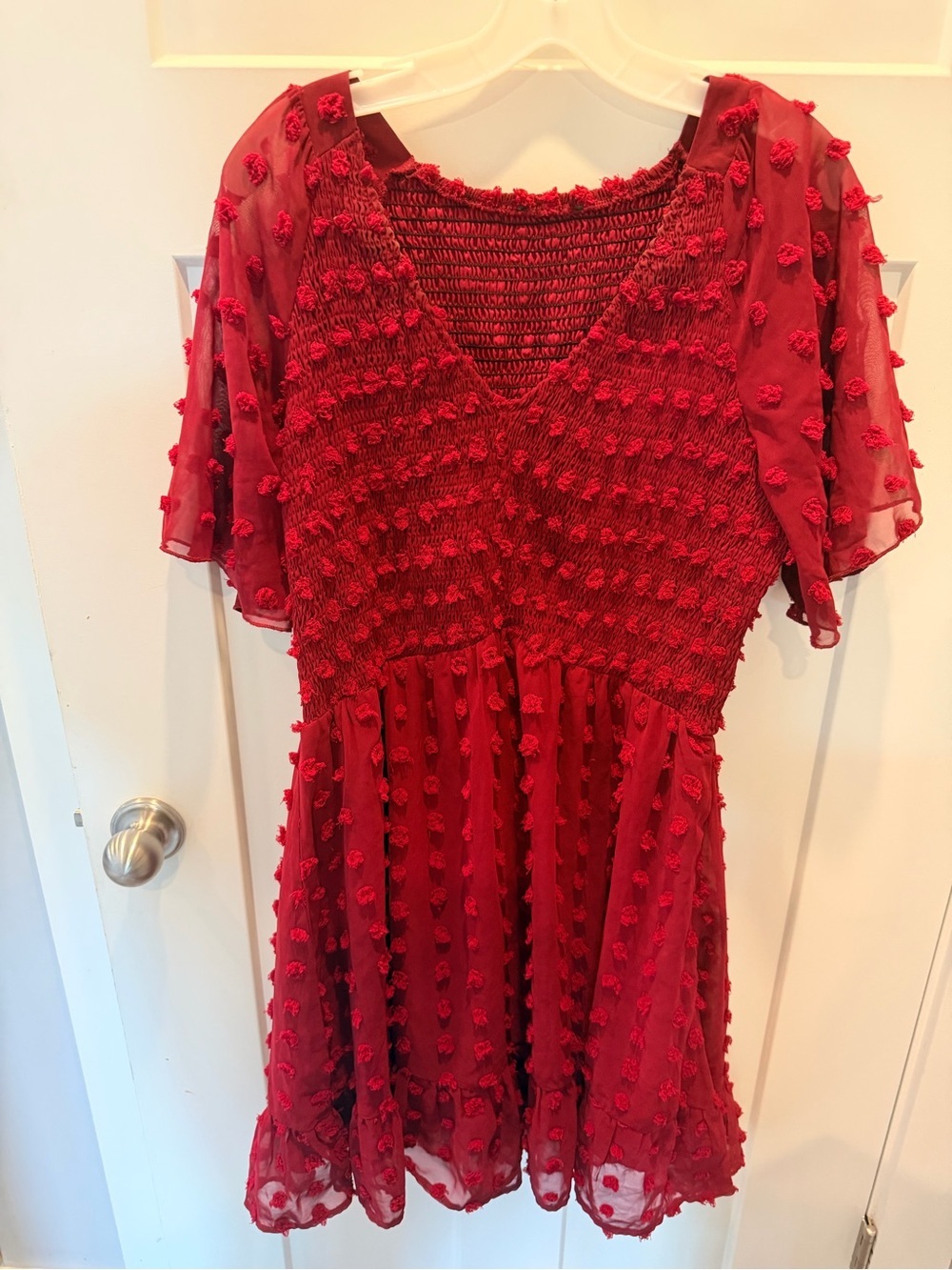 Burgundy Swiss Dot Smocked Flutter Sleeve Mini Dress Size Medium